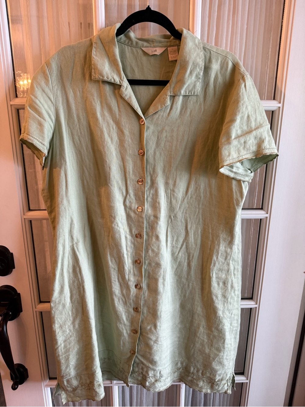 J.Jill Women's Large Light Green Linen Button-Front Dress Short Sleeve